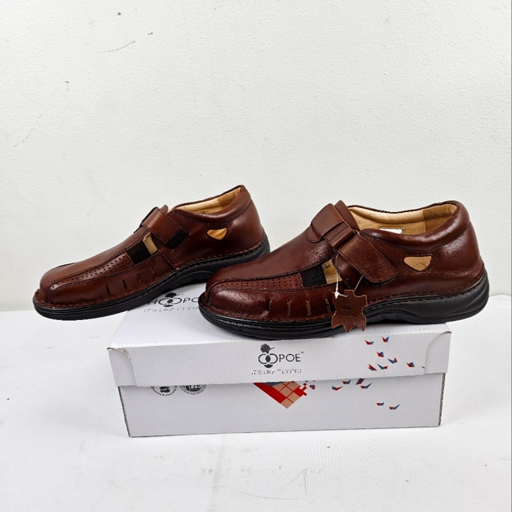 HOOPOE Authentic Leather Brown Men's Shoes Size 11.5 Adjustable Slip On